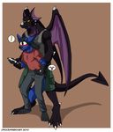  &lt;3 anthro belt biceps big_muscles black_body black_dragon black_scales blue_fur blush claws clothed clothing crocdragon89 dragon duo fangs from_behind fur gay green_eyes grope interspecies lucareon lucario male muscles nintendo pants paws pecs pok&#233;mon pok&eacute;mon pose purple_markings red_eyes reptile scales scalie shirt shorts size_difference standing surprise tank_top teasing toe_claws video_games wii wiimote wings yellow_eyes zeke_(crocdragon89) 