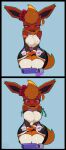 anthro biped blush breast_expansion breasts bulge clothing eeveelution expansion eyebrows eyelashes flareon fur generation_1_pokemon gynomorph hi_res intersex kneeling kyurisawa legwear maid_uniform multicolored_body multicolored_fur nintendo orange_body orange_fur pokemon pokemon_(species) red_eyes solo sound_effects tail thigh_highs uniform yellow_body yellow_fur yellow_tail