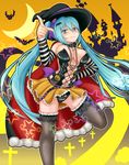 aqua_eyes aqua_hair bat belt breasts cape cleavage collar crescent_moon cross detached_sleeves halloween hat hatsune_miku jewelry kishimen large_breasts long_hair moon necklace pointing pumpkin pussy_peek skirt solo star striped thighhighs twintails upskirt very_long_hair vocaloid witch_hat 