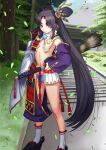  1girl architecture armor asymmetrical_clothes asymmetrical_sleeves black_hat black_shoes blue_gloves blue_panties breast_curtains breasts circlet closed_mouth clothing_cutout curtained_hair detached_sleeves east_asian_architecture eyeshadow fate/grand_order fate_(series) feather_hair_ornament feathers feet_out_of_frame gloves hair_ornament hand_on_hilt hand_on_sheath hat high_side_ponytail japanese_armor katana kusazuri leaf legs_apart linea_alba long_hair long_sleeves looking_at_viewer makeup mismatched_sleeves no_shirt official_art outdoors panties pants pom_pom_(clothes) purple_pants purple_sleeves red_eyeshadow sakamoto_mineji sheath sheathed shoes sideboob sidelocks single_glove single_pantsleg socks solo standing sword tassel tate_eboshi thigh_cutout third-party_source tree underwear ushiwakamaru_(fate) very_long_hair weapon white_sleeves white_socks wide_sleeves wind 