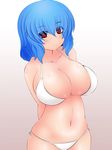  1girl bikini blue_hair blush breasts female good-lemon-tea huge_breasts red_eyes short_hair smile swimsuit 