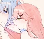  2girls bite_mark bite_mark_on_shoulder biting_shoulder blue_eyes blue_hair blush commentary green_eyes hololive hoshimachi_suisei long_hair multiple_girls off_shoulder pink_hair sakura_miko saliva simple_background symbol-only_commentary virtual_youtuber yellow_background yumi5469 yuri 