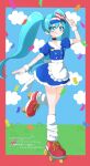  1girl apron blue_background blue_dress blue_eyes blue_hair border bow dress drill_hair full_body hatsune_miku highres leg_warmers long_hair looking_at_viewer mesmerizer_(vocaloid) pinstripe_dress pinstripe_pattern red_border red_bow red_shoes roller_skates saki_pokeoekaki shoes short_sleeves simple_background skates solo standing star-shaped_pupils star_(symbol) symbol-shaped_pupils tongue tongue_out twin_drills twintails visor_cap vocaloid waist_apron white_apron white_leg_warmers wrist_cuffs 