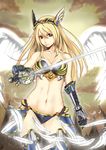  angel_wings armor bad_id bad_pixiv_id bikini_armor blonde_hair blue_eyes bombomb25 breasts brown_hair feathers gauntlets highres long_hair medium_breasts original solo sword thighhighs valkyrie weapon wings 