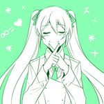  blush closed_eyes crossed_fingers green_background hatsune_miku heart ktsis long_hair monochrome muri_dana nail_polish no_nose smile solo twintails vocaloid 