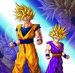  abu_zero blonde_hair blue_eyes dragon_ball dragon_ball_z father_and_son highres looking_at_viewer multiple_boys muscle smile son_gohan son_gokuu spiked_hair super_saiyan wrist_cuffs 