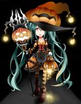  choker detached_sleeves dress gloves green_hair halloween hat hatsune_miku jack-o'-lantern long_hair open_mouth pantyhose red_eyes rorikon_(youkon) solo striped striped_legwear twintails very_long_hair vocaloid 