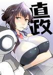  1girl amputee bodysuit breasts brown_eyes brown_hair female gloves highres kyoukai_senjou_no_horizon kyoukaisenjou_no_horizon large_breasts mechanical_arm naomasa_(horizon) solo topo_bevitore 