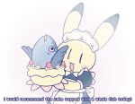 2018 animal_yokocho anthro apron black_clothing black_dress black_ear_tips black_eyes black_tipped_ears blue_text_outline blush blush_stickers cake clothed clothed_anthro clothed_female clothing dessert digital_drawing_(artwork) digital_media_(artwork) dipstick_ears dress ear_markings english_text exclamation_point female female_anthro fish food fur holding_cake holding_food holding_object iyo lagomorph leporid maid_headdress maid_uniform mammal marine multicolored_ears open_mouth open_smile pink_blush rabbit simple_background simple_eyes simple_face smile solo superbunny64 text two_tone_ears uniform vertical_bar_eye white_apron white_background white_clothing white_headdress white_text yellow_body yellow_ears yellow_fur