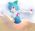  ass blue_eyes blue_hair bottomless cirno food hair_ribbon highres ice_cream mazeshi ribbon solo touhou 