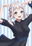  1girl absurdres arms_up asymmetrical_sleeves belt black_dress blue_belt blue_eyes blush braid clothing_cutout commentary_request double_v dress gakuen_idolmaster grey_hair hakusen_(idolmaster) half_up_braid highres idolmaster katsuragi_lilja miyuki_kotori official_alternate_costume short_hair shoulder_cutout smile solo two-tone_background v vertical-striped_background 