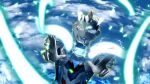  1boy alien armor black_skin blue_skin blue_sky breastplate cloud cloudy_sky color_timer colored_skin commentary compound_eyes dorsal_fin dutch_angle energy energy_weapon eye_slugger forehead_jewel gem glowing glowing_eyes glowing_weapon green_gemstone highres index_fingers_raised light_particles looking_at_viewer male_focus midair multicolored_skin outstretched_arms pectorals red_skin shoulder_armor shoulder_pads silver_skin sky solo tachibana_satsuki_(artist) tokusatsu toned toned_male ultra_series ultraman_z ultraman_z_(alpha_edge) ultraman_z_(series) upper_body weapon white_eyes 