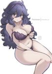  1girl alternate_breast_size black_hair blush bra breasts chascoby hair_between_eyes hairband hex_maniac_(pokemon) highres large_breasts long_hair looking_at_viewer messy_hair navel panties pokemon pokemon_xy purple_bra purple_eyes purple_hair purple_hairband purple_panties solo underwear 