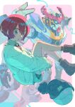  1girl amate_yuzuriha aqua_eyes aqua_skirt collared_shirt gquuuuuux gundam gundam_gquuuuuux haro highres long_sleeves looking_at_viewer mecha mobile_suit necktie nobile1031 red_hair robot shirt short_hair skirt solo_focus sweater v-fin 