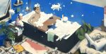  1boy bath bathroom bathtub black_eyes black_hair bubble bubble_bath choidomart clothes_on_floor creature dog elephant faucet floating hair_dryer highres male_focus original pig plant potted_plant shampoo shelf short_hair sitting smile solo star_(symbol) tile_floor tiles topless_male towel 