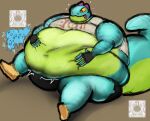 anthro belly belly_grab big_belly black_bottomwear black_clothing black_shorts blep blue_body bottomwear clothing epic_games fingerless_gloves footwear fortnite gloves green_belly hand_on_belly handwear hi_res holding_stomach huge_belly hyper hyper_belly koihoi lizard lizzik_(fortnite) love_handles male morbidly_obese morbidly_obese_anthro musclegut muscular navel obese obese_anthro orange_eyes overweight overweight_anthro pink_tongue reptile rumbling_stomach scalie shoes shorts sitting solo tail tan_clothing tan_shirt tan_topwear thick_tail thick_thighs tight_clothing tongue tongue_out topwear