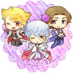  3boys :d black_gloves chibi chibi_only claw_pose commentary_request facial_hair fang fingerless_gloves gloves goatee_stubble hazama_michio holding holding_saucer idolmaster idolmaster_side-m jumping kinococcos long_hair looking_at_viewer maita_rui male_focus midriff monocle multiple_boys mustache_stubble navel official_alternate_costume one_eye_closed orange_eyes pants pink_eyes purple_eyes red_gloves s.e.m_(idolmaster) saucer single_glove smile striped_clothes striped_pants stubble vertical-striped_clothes vertical-striped_pants yamashita_jiro 
