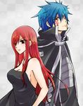  1boy 1girl blue_hair breasts cape cleavage couple earrings erza_scarlet fairy_tail jellal_fernandes jewelry red_hair tattoo 