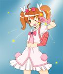  :d ;d \m/ ahoge backpack bag bow brown_eyes brown_hair cosplay gloves hair_bow hands highres hoshikuzu_witch_meruru kurusu_kanako long_hair meruru_(oreimo) meruru_(oreimo)_(cosplay) one_eye_closed open_mouth ore_no_imouto_ga_konna_ni_kawaii_wake_ga_nai pink_bow randoseru reinforce_a smile solo twintails 