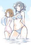  ball beachball bikini blush breasts brown_hair casual_one-piece_swimsuit hidamari_sketch kagami_uekusa looking_back medium_breasts multiple_girls nori one-piece_swimsuit open_mouth ponytail short_hair smile striped striped_bikini striped_swimsuit swimsuit wading yuno 