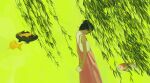  1girl black_hair choidomart dress facing_down fish flying_fish from_behind green_background hair_bun highres holding koi leaf neon_palette original outdoors plant saturated shirt simple_background sleeveless standing tree 