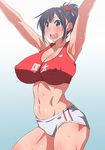  1girl armpits arms_up black_eyes black_hair breasts buruma cameltoe erect_nipples female gym_uniform hair_ornament huge_breasts kunifuto navel open_mouth ponytail short_hair shorts solo standing sweat 