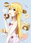  absurdres blonde_hair box cup doughnut dress fang food food_on_face fork highres long_hair monogatari_(series) nisemonogatari open_mouth oshino_shinobu plate solo taiyaki_(astre) teacup yellow_eyes 