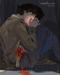  1boy black_hair blood blue_pants brown_jacket cigarette cowboy_bebop crossed_legs gunshot_wound highres injury jacket lighting_cigarette long_sleeves male_focus octahooves pants rain short_hair signature smoking spike_spiegel 