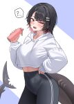  ... 1girl ? absurdres alternate_costume black_hair black_pants blush breasts colored_inner_hair commentary_request covered_navel ellen_joe fins fish_tail highres holding_thermos hood hooded_sweater large_breasts metal_hairband multicolored_hair nsa32exnivqu5lp pants red_eyes red_hair scar scar_on_tail shark_girl shark_tail sharp_teeth short_hair skin_tight solo speech_bubble sweat sweater tail teeth thermos two-tone_background white_sweater yoga_pants zenless_zone_zero 