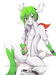  balls belt blush bracelet chest_tuft clothing craymin fur green_eyes green_hair hair hi_res horn jewelry legendary_pok&#233;mon male masturbation nintendo pants penis pok&#233;mon pok&eacute;mon shaymin shirt smile solo sweat tuft video_games watermark wings 