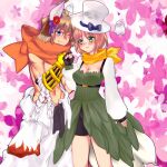  1boy 1girl animal_ears black_gloves black_shorts blue_bow blue_eyes blush bow breasts brown_hair cat_boy cat_ears cleavage clothes_around_waist commentary_request cowboy_shot dress ear_flower fingerless_gloves fist_bump flame_print floral_background flower gauntlets gloves green_dress green_eyes hat hat_bow long_sleeves looking_at_another medium_breasts muscular muscular_male nipples official_alternate_costume orange_scarf pants pink_background pink_hair ragnarok_online ranger_(ragnarok_online) red_flower scarf shirokuro_(erisnoa) shirt shirt_around_waist short_hair shorts shorts_under_dress smile sura_(ragnarok_online) top_hat whisper_(ragnarok_online) white_hat white_pants white_shirt yellow_scarf 