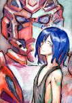  1boy absurdres armor bare_shoulders blue_hair bright_pupils closed_mouth colored_inner_hair commentary english_commentary grey_tank_top gundam highres male_focus mecha mecha_focus mobile_suit mobile_suit_gundam multicolored_hair oversized_clothes oversized_shirt red_armor red_eyes red_gundam red_hair robot science_fiction shirt short_hair shuji_ito smile solo tank_top two-tone_hair upper_body user_haay5824 white_pupils 