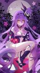  1girl absurdres ai_dongdong barefoot closed_mouth clothing_cutout full_moon hair_between_eyes hand_wraps highres honkai_(series) honkai_impact_3rd long_hair looking_at_viewer moon navel outdoors ponytail purple_hair signature sirin sirin_(miracle_magical_girl) smile solo stomach_cutout symbol-shaped_pupils very_long_hair yellow_eyes 