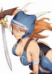  1girl absurdres arado_balanga_(xchd7538) armlet armor ass bare_shoulders black_panties blue_armor breasts brown_eyes brown_gloves brown_hair cleavage daisy_(dq) dragon_quest dragon_quest_yuusha_abel_densetsu fake_horns gloves helmet highres horned_helmet horns jewelry lips long_hair looking_at_viewer panties simple_background smile solo sword thighhighs underwear weapon white_background 