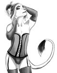  clothing corset crossdressing feline fur garter_straps girly greyscale hair legwear lion looking_at_viewer male mammal monochrome panties plain_background short_hair solo stockings tail_tuft transgender transvestite tuft underwear white_background zippers 