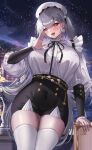  1girl absurdres against_railing alternate_costume azur_lane black_skirt black_sleeves breasts earrings frills grey_hair hat highres jewelry kirisamede_gzr large_breasts long_hair long_sleeves looking_at_viewer miniskirt night open_mouth outdoors puffy_sleeves railing red_eyes scylla_(azur_lane) shirt skirt sky solo star_(sky) starry_sky thighhighs two-tone_sleeves very_long_hair white_hat white_shirt white_sleeves white_thighhighs zettai_ryouiki 