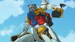 anime_screenshot artist_request cable cloud cloudy_sky earth_federation earth_federation_space_forces gundam gundam_gquuuuuux machinery mecha mecha_focus mobile_suit no_humans purple_eyes realistic robot roundel science_fiction sky spanish_commentary third-party_source v-fin white_gundam 
