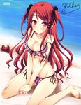  :3 absurdres barefoot bikini blush breasts caricature cleavage crab front-tie_top highres hinomiya_ayari ko~cha large_breasts long_hair looking_at_viewer ocean off_shoulder paper_texture plaid plaid_bikini red_eyes red_hair sand scan shiny shiny_skin side-tie_bikini signature sitting smile strap_slip swimsuit two_side_up wariza witch's_garden 