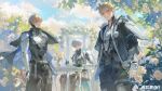  armor artist_request belt blonde_hair blue_eyes cape chrome_(pgr) cloud cloudy_sky collar dog_tags flower gift highres jacket lee_(pgr) looking_at_viewer low_ponytail mechanical_arms mechanical_legs official_art paper pen ponytail punishing:_gray_raven rose shoulder_armor sitting sky smile table vase wanshi_(pgr) white_day white_hair writing yellow_eyes 