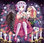  argyle argyle_legwear bat_wings black_legwear blonde_hair blue_hair blush bow candle cup dress flandre_scarlet flower hat hat_bow looking_at_viewer multiple_girls pantyhose red_hair remilia_scarlet rose short_hair siblings side_ponytail sisters sitting sitting_on_lap sitting_on_person skull teacup touhou tsukino_neru white_legwear wings wrist_cuffs 