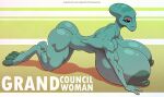 2025 2_toes 3_fingers absurd_res alien alien_humanoid areola big_breasts breasts butt character_name disney elderly english_text eyelashes eyeshadow facial_markings feet female fingers forehead_markings grand_councilwoman head_markings hi_res huge_breasts humanoid lilo_and_stitch makeup markings nipples nude solo spotty_the_cheetah teal_areola teal_body teal_nipples teal_skin text toes url