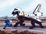 4:3 aircraft animate_inanimate anthro auxon biped blue_clothing blue_sky boots clothing digital_media_(artwork) feral flightsuit footwear harness hi_res holding_leash holding_object leash living_aircraft living_machine living_vehicle logo machine nasa orange_harness outside patch_(fabric) paws plane_wings plant quadruped shoes shrub signature size_difference sky space_shuttle spacecraft tongue tongue_out vehicle walking white_body
