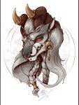 ambiguous_form angry braided_hair brown_horn ear_piercing facial_piercing felkin female green grey_body grey_hair grimace hair headshot_portrait horn horn_jewelry jewelry kredri labret_piercing lip_piercing nose_piercing nose_ring piercing portrait red_eyes ring_piercing solo teeth