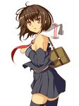  bare_shoulders breasts brown_eyes brown_hair colorized copyright_request fukunaga_kazuhiro medium_breasts short_hair simple_background skirt solo thighhighs white_background 