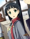  :o bag black_hair green_eyes kirigaya_suguha leaf nori_tamago red_scarf scarf school_bag school_uniform short_hair sweater sword_art_online weapon_bag wings 