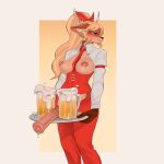 alcohol animal_genitalia animal_penis anthro antlers beer beer_mug beverage big_penis blonde_hair blush bodily_fluids bottomwear breasts brown_body brown_fur brown_hair clothed clothing deer dripping equine_genitalia equine_penis erection exposed_breasts fur genital_fluids genitals gynomorph hair hi_res horn intersex long_hair mammal medial_ring mismatched_animal_penis mismatched_genitalia mismatched_penis necktie open_bottomwear open_clothing open_pants pants penis precum precum_drip pulred serving_tray shirt solo topwear waiter