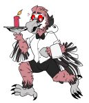 2019 3_toes 5_fingers alpha_channel anthro arms_bent avian beak beastofeuthanasia bent_legs bird black_body black_bottomwear black_bow_tie black_clothing black_eyebrows black_feathers black_shorts black_tail black_teeth bottomwear bow_tie button_(fastener) candle candlelight claws clothed clothed_anthro clothed_male clothing colored digital_drawing_(artwork) digital_media_(artwork) english_description eyebrows feather_hair feathers feet finger_claws fingers fire flamingo fully_clothed fully_clothed_anthro fully_clothed_male grey_beak grey_feet grey_hands hi_res holding_serving_tray light lighting male multicolored_body multicolored_feathers open_beak open_mouth pink_body pink_feathers pseudo_hair red_sclera rolled_up_sleeves running serving_tray sharp_teeth shorts signature simple_background solo tail tail_feathers talon_hands talons teeth toe_claws toes towel towel_on_arm transparent_background white_body white_dress_shirt white_eyes white_feathers white_towel