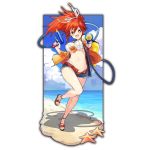  1girl aiming_at_viewer beach bikini bright_pupils day dual_wielding fang full_body gun high_ponytail holding holding_gun holding_weapon jacket last_period long_hair looking_at_viewer navel open_clothes open_fly open_jacket open_mouth outdoors red_eyes red_hair sandals short_shorts shorts solo standing starfish striped striped_bikini swimsuit transparent_background water_gun weapon whoopin 