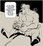 aged_up anthro balls bear belly biceps black_and_white broad_shoulders brown_bear cheek_tuft chest_tuft claws controller disney dreamcast_controller english_text facial_tuft finger_claws flaccid game_controller genitals head_tuft hi_res hunter-husky kit_cloudkicker male mammal monochrome moobs musclegut muscular muscular_anthro muscular_male nipples open_mouth overweight overweight_anthro overweight_male pawpads penis pubic_fuzz ryo_hazuki sega sega_controller sega_dreamcast shenmue sitting solo speech_bubble tail talespin teeth_showing text toe_claws tuft ursine wired_controller