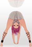  barefoot bent_over brown_eyes cuffs from_behind full_body hareno_chiame kneepits long_legs looking_through_legs magi_the_labyrinth_of_magic morgiana one_side_up purple_hair reflection shackles solo spread_legs standing stretch upside-down 